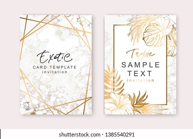 Set of elegant brochure, card, cover. White and golden marble texture. Stone background. Geometric frame. Palm exotic leaves. Botanical art.
