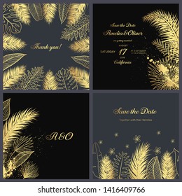Set of elegant brochure, card, cover. White and golden marble texture.  Geometric frame. Abstract Modern Backgrounds.