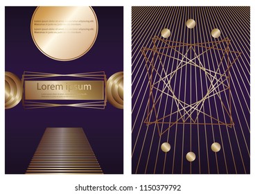 A set of elegant brochures, maps, backgrounds, covers. Black and golden texture. Geometrical frame. Geometric figures. Vector EPS 10