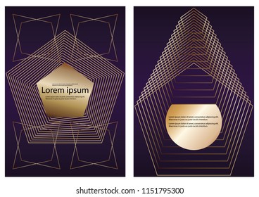 A set of elegant brochures, maps, backgrounds, covers. Black and golden texture. Geometrical frame. Geometric figures. Vector EPS 10