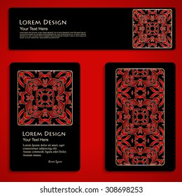set of elegant business cards and header templates with hand drawn tribal ornament over red background, mandala, for greeting, invitation card, or cover. Vector illustration