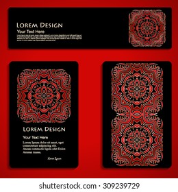 set of elegant business cards and header templates with hand drawn tribal ornament over red background, mandala, for greeting, invitation card, or cover. Vector illustration