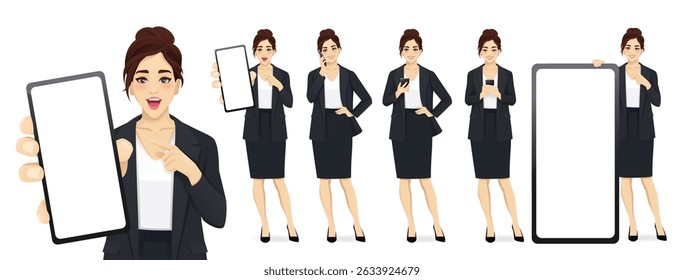 Set of elegant business young woman wearing black suit holding mobile phone, talking, texting, thinking and showing empty screen. Isolated vector illustration