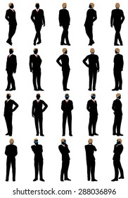 Set of  Elegant Businessmen Silhouettes with Glasses in Different Standing Poses. High Detail with removable spectacles. Vector illustration.