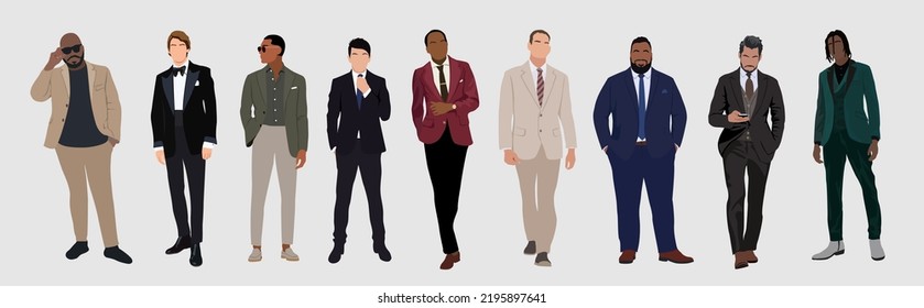 Set of elegant businessmen wearing formal outfit - suit or tuxedo. Collection of handsome male characters different races, body types. Vector flat realistic illustration isolated on white background.