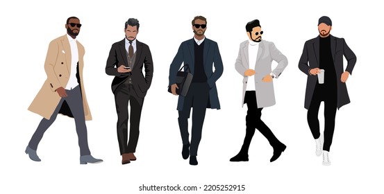 Set of elegant businessmen wearing formal outfit - suit and coat. Collection of different handsome male characters. Vector flat realistic illustration isolated on white background.