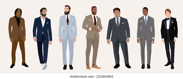 Set of elegant businessmen wearing formal outfit - suit or tuxedo. Collection of handsome male characters different races, body types. Vector flat realistic illustration isolated on white background.