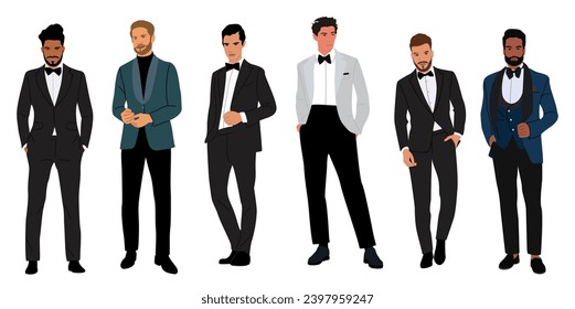 Conjunto de hombres de negocios elegantes con un esmoquin formal.