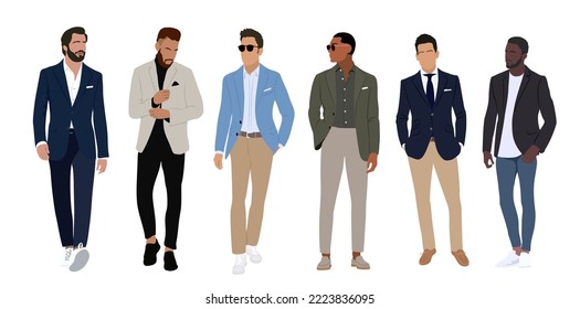 Set of elegant businessmen wearing smart casual outfit.  Collection of handsome male characters different races, body types. Vector flat realistic illustration isolated on white background. - Shutterstock ID 2223836095