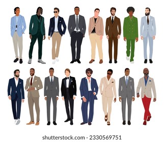 Set of elegant businessmen wearing smart casual and formal outfit. Collection of handsome male characters different races, body types. Vector flat realistic illustration isolated on white background