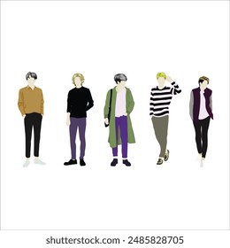 Set of elegant businessmen wearing smart casual outfit. Collection of handsome male characters different races, body types. Vector flat realistic illustration isolated on white background.
