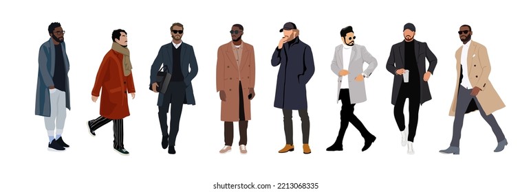 Conjunto de hombres de negocios elegantes vestidos con elegantes abrigos de pie y caminando. Colección de personajes masculinos guapos de diferentes razas de longitud completa. Ilustración realista plana vectorial aislada.