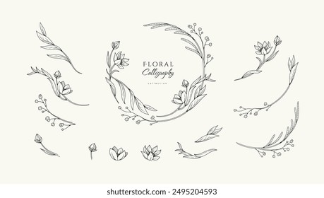 Set of elegant calligraphic botanical design elements, floral frame and graceful branches. Wedding wildflowers for invitation save the date card. Botanical feminine rustic vector illustration