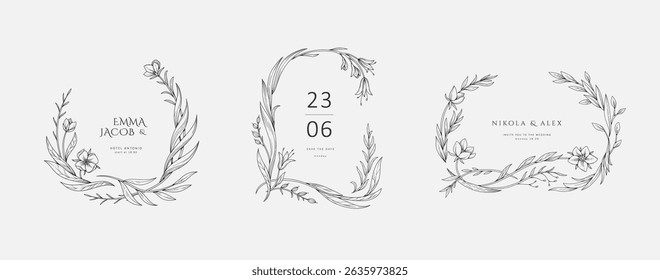 Set of elegant calligraphic botanical design elements, floral frame and graceful branches. Wedding wildflowers for invitation save the date card. Botanical feminine rustic vector illustration.