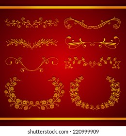 Set of elegant calligraphic foliate golden borders