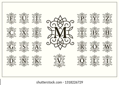 Set of Elegant Capital Letters. Vintage Logos. Filigree Monograms. Beautiful Collection. English Alphabet. Simple Drawn Emblems. Graceful Style. Design of Calligraphic Insignia. Vector Illustration