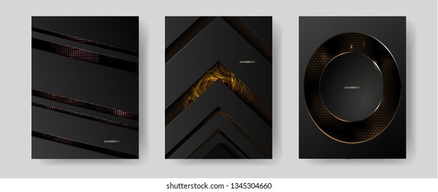 Set of elegant card, cover. Black and golden marble texture. Geometric frame.