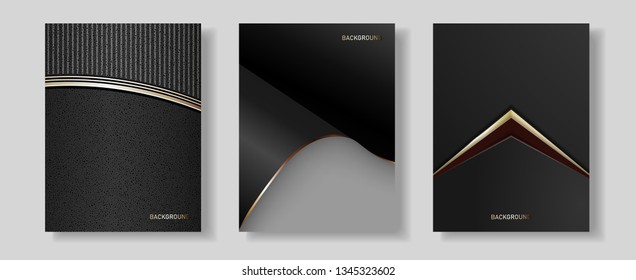 Set of elegant card, cover. Black and golden marble texture. Geometric frame.