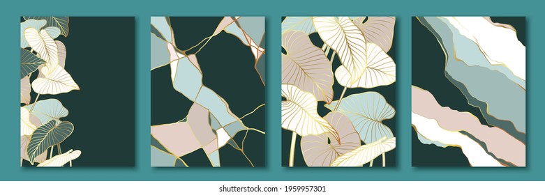 Set of elegant cards, backgrounds with exotic line art leaves and marble texture. Golden luxury glamour design. Colorful abstract marbling stone vector.