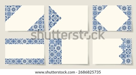 Set of elegant cards with blue azulejo floral borders. Traditional ornamental patterns inspired by Portuguese and Spanish porcelain tiles. Majolica navy blue pottery. Talavera style. Gaudi mosaic.