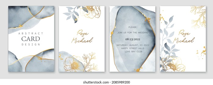 Set of elegant cards in blue, grey, white, golden colors. Watercolor spots, ink imitation, botanical leaves, gold lines, splatters. Wedding invitation, cover, packaging, place for text, frame design.