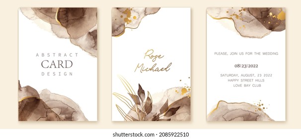 Set of elegant cards in brown, beige, golden colors. Watercolor spots, ink imitation, botanical leaves, gold lines, splatters. 