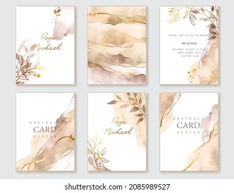 Set of elegant cards in brown, beige, golden colors. Watercolor spots, ink imitation, botanical leaves, gold lines, splatters. Frame, place for text, invitation, cover, packaging design.
