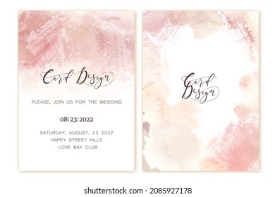 Set of elegant cards, covers in pink, lavender, beige colors. Watercolor spots, brush strokes, grunge texture. Frame, place for text.