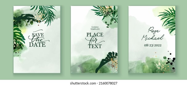 Set of elegant cards in green ,white, golden colors. Watercolor spots, palm leaves, gold lines, splatters. Wedding invitation, cover, packaging, place for text, frame design.