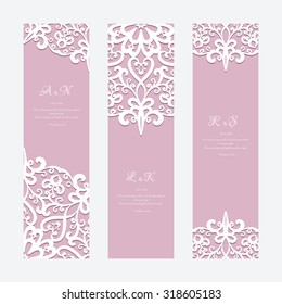 Set of elegant cards with lace ornament, banners, wedding invitation or announcement templates, vector illustration