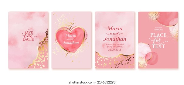 Set of elegant cards in pink, red, white, golden colors. Watercolor spots, ink imitation, gold lines, splatters. Two hearts. Wedding invitation. Love, romantic, Valentined day cards. Save the date.