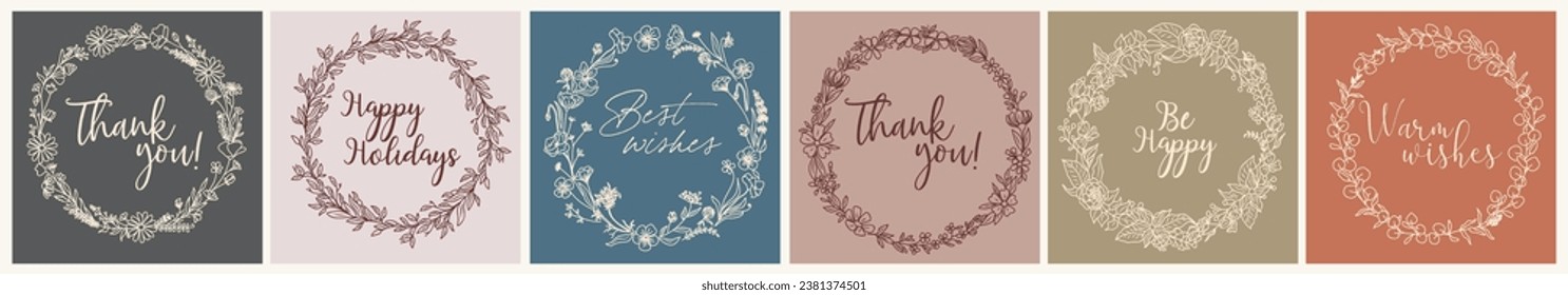 Set of elegant cards with vector floral wreath. 