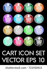 Set of elegant cart icons, circle glass button in different color variants, flat buttons with white cart pictogram, vector EPS 10