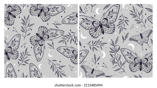 Set of elegant celestial seamless pattern with herbs. Boho magic background with gray space elements stars, butterflies. Vector doodle texture.