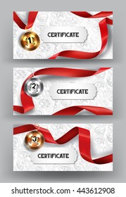 Set of elegant certificates and medals with red silk ribbon on the floral background. Vector illustration