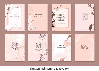 Set of elegant chic blush brochure, covers, cards with pink lilies, white and rose gold marble texture. Wedding, save the date design. Packaging branding style concept. Set of elegant chic blush brochure, covers, cards with pink lilies, white and rose gold marble texture. Wedding, save the date design. Packaging branding style concept.