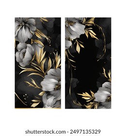 Set of elegant chic brochure, background, cover, card with flowers, lily, peony, gray and gold watercolor texture