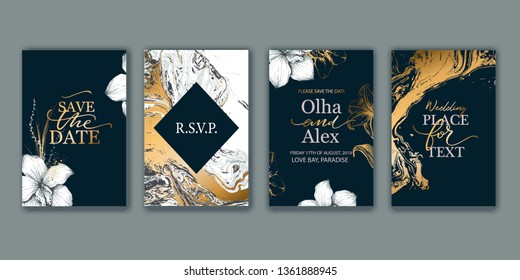 Set of elegant, chic brochure, card, cover. Black, white and gold marble texture. Botanical design for wedding invitation. Hand drawn lilies, plants. Set of elegant, chic brochure, card, cover. Black, white and gold marble texture. Botanical design for wedding invitation. Hand drawn lilies, plants.