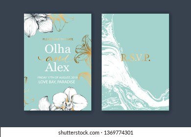 Set of elegant, chic brochure, card, cover. Blue, white and gold marble texture. Botanical design for wedding invitation. Hand drawn lilies, plants.
