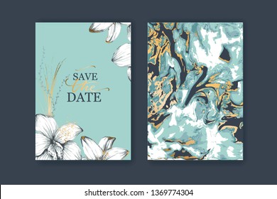 Set of elegant, chic brochure, card, cover. Blue, white and gold marble texture. Botanical design for wedding invitation. Hand drawn lilies, plants.