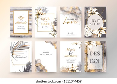 Set of elegant chic brochure,  covers, cards with exotic palm leaves, lilies, grey and gold watercolor texture. Wedding, save the date design. Packaging branding style concept. 