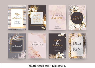 Set of elegant chic brochure,  covers, cards with exotic palm leaves, lilies, grey and gold watercolor texture. Wedding, save the date design. Packaging branding style concept. 