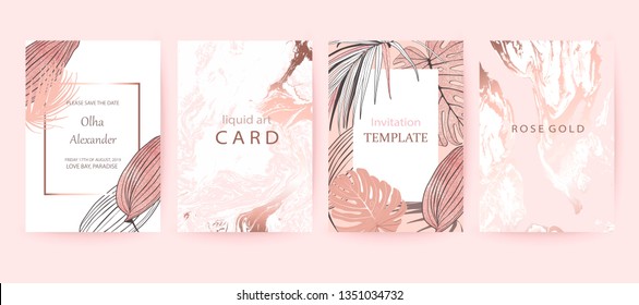 Set of elegant chic brochure, covers, cards with exotic palm leaves, rose gold texture. Wedding, save the date design. Packaging branding style. Botanical art. Pink and white marble background. Set of elegant chic brochure, covers, cards with exotic palm leaves, rose gold texture. Wedding, save the date design. Packaging branding style. Botanical art. Pink and white marble background.