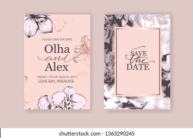 Set of elegant chic brochure,  covers, cards with pink  lilies, white and rose gold marble texture. Wedding, save the date design. Packaging branding style concept. 