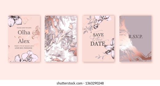 Set of elegant chic brochure,  covers, cards with pink  lilies, white and rose gold marble texture. Wedding, save the date design. Packaging branding style concept. 