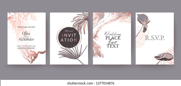 Set of elegant chic brochure, covers, cards with exotic palm leaves, flowers, grey and rose gold marble texture. Wedding, save the date design. Packaging branding style concept. Set of elegant chic brochure, covers, cards with exotic palm leaves, flowers, grey and rose gold marble texture. Wedding, save the date design. Packaging branding style concept.