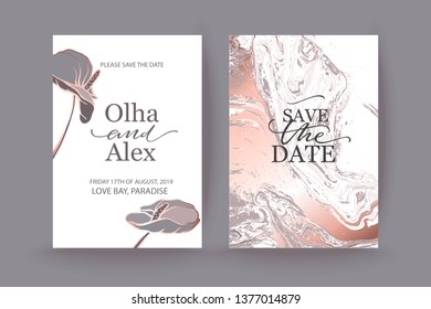 Set of elegant chic brochure,  covers, cards with exotic palm leaves, flowers, grey and rose gold marble texture. Wedding, save the date design. Packaging branding style concept. 