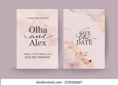 Set of elegant chic brochure,  covers, cards with pink and gold watercolor texture. Wedding, save the date design. Packaging branding style concept. 