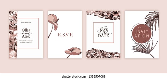 Set of elegant chic brochure,  covers, cards with exotic palm leaves, flowers, rose gold foil texture. Wedding, save the date design. Packaging branding style concept. 