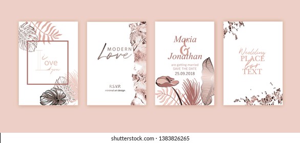 Set of elegant chic brochure, covers, cards with exotic palm leaves, flowers, rose gold foil texture. Wedding, save the date design. Packaging branding style concept. Set of elegant chic brochure, covers, cards with exotic palm leaves, flowers, rose gold foil texture. Wedding, save the date design. Packaging branding style concept.